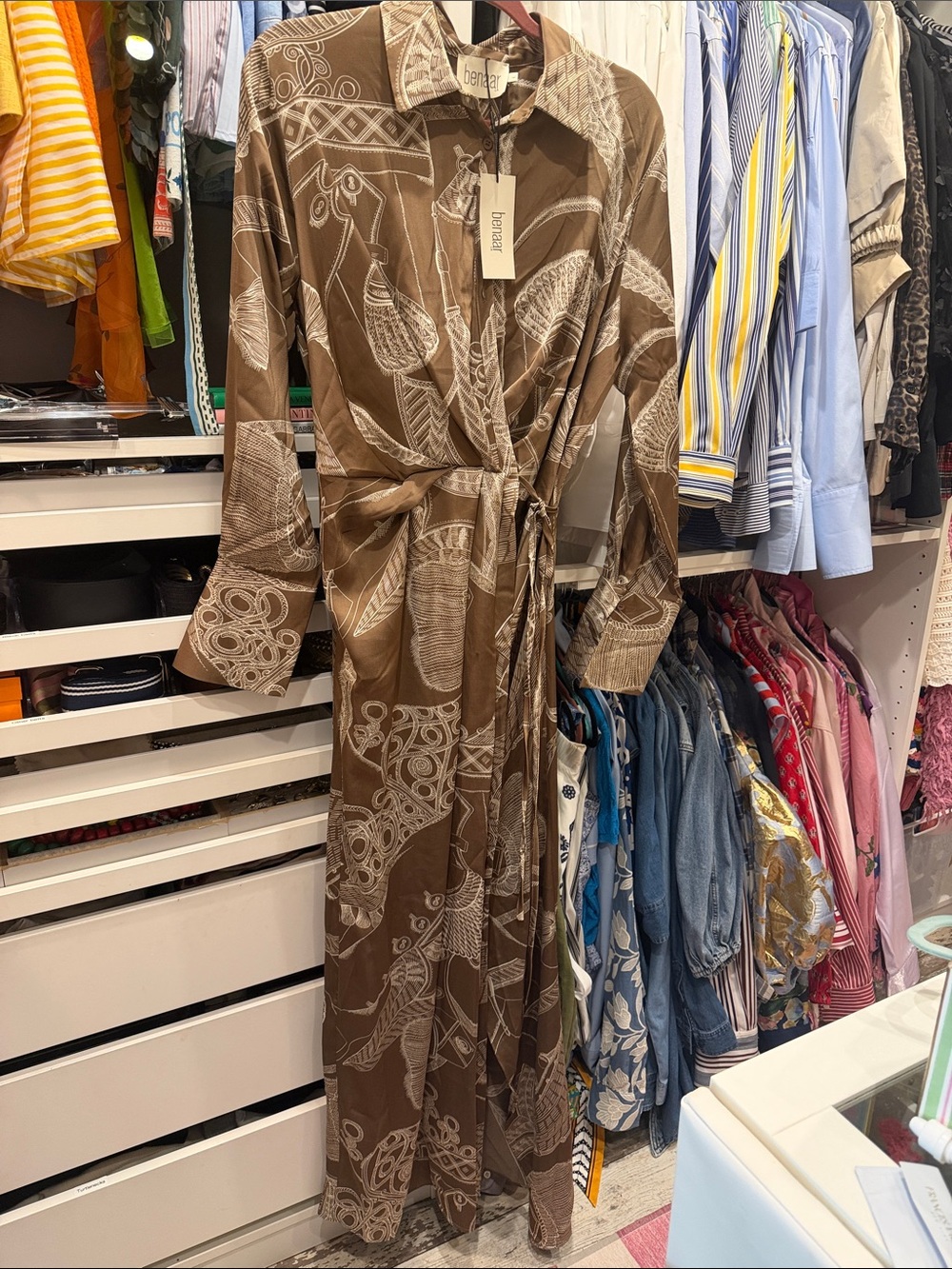 Benaar Brown Printed Maxi Shirt Dress with Tie Waist